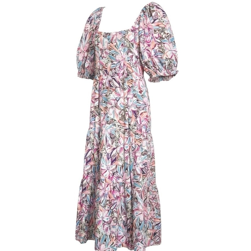 Sofie the Label Floral Midi Dress Tiered Puff Sleeve M Multicolor Pockets Boho
